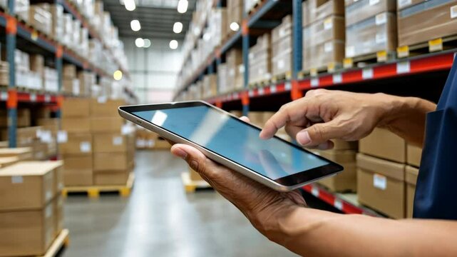 Warehouse worker using tablet to manage inventory and streamline operations during afternoon shift