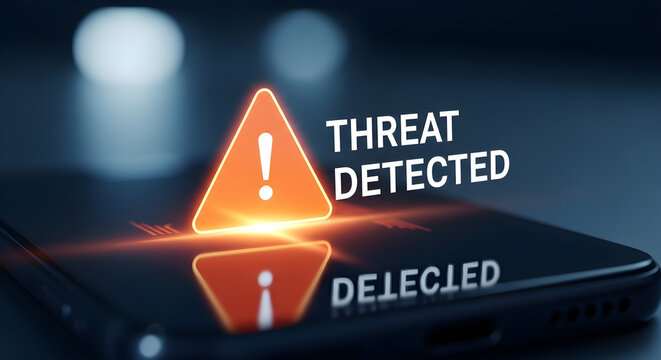 Orange threat detected warning sign displayed on a smartphone screen close up view isolated on white background, tarensparent background, png, jpg,jpeg,  on transparent background