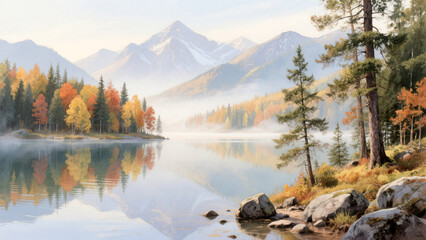 Obraz premium Mountain Landscape in Watercolor with Fall Tree