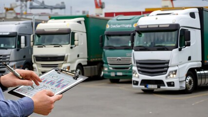 Logistics management in action at a shipping yard with multiple trucks parked ready for loading - Powered by Adobe