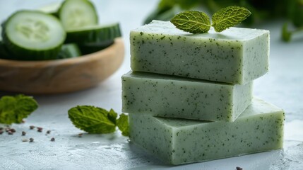 Natural mint and cucumber soap bars stacked on a countertop with sliced cucumber in the background