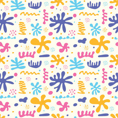 Seamless pattern with cartoon organic shapes. Background design with hand drawn elements. Trendy wallpaper concept. Vector illustration