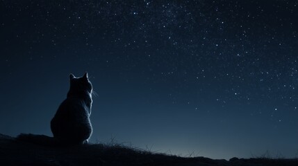 realistic cat on hilltop at night gazing at starry sky in silence
