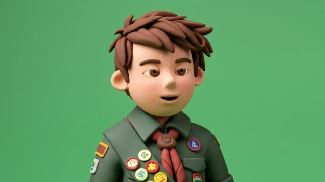 A 3D clay model character figure animated boy in a scout uniform, with an expressive and inquisitive facial expression, set against a solid green screen background