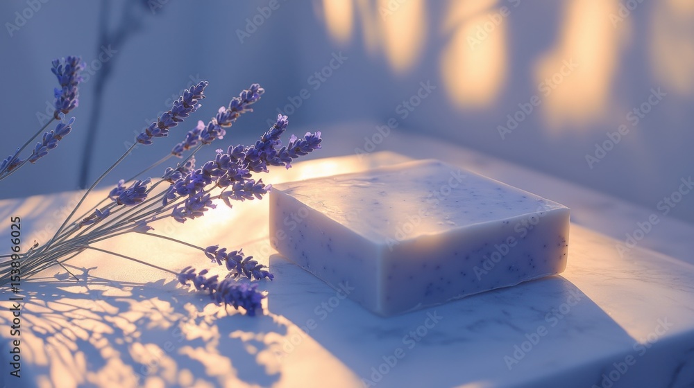 Aufkleber lavender soap resting on a marble surface with sunlight creating soft shadows and highlighting flora