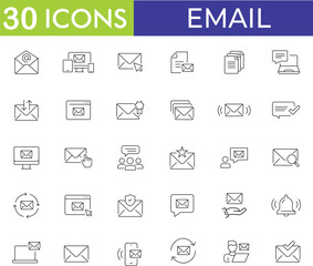 Email icons set. Set of 30 outline icons. Line icons
