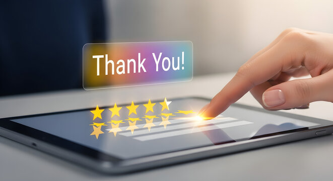 Finger touching tablet screen with thank you message and five star rating display isolated on white background, tarensparent background, png, jpg,jpeg,  on transparent background