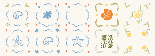 Big summer set: summer pattern, summer, shell, flowers, hearts, lemon, sea, palm trees, print, tile, print, wallpaper, texture, collage, retro, fabric, underwater, vintage, ocean, tropical