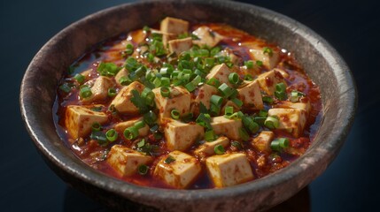 Fototapeta premium high detail mapo tofu in rich spicy sauce with fresh garnish closeup