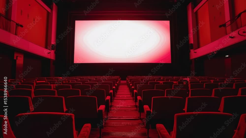 Poster rows of red chairs face a large screen in this modern auditorium