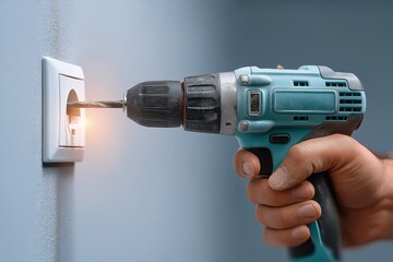 Electrician installing socket using cordless drill, screwdriver inserted into white electrical outlet on gray wall. Concept of electrician installing socket, renovation process.