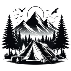 Camping scene with tent mountains and trees in silhouette
