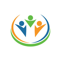 Obraz premium Abstract Logo Three People Green Orange Blue Teamwork Unity