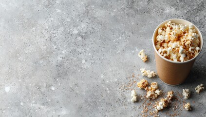 Caramel popcorn in a paper cup spills onto a grey speckled surface, leaving copy space to the left