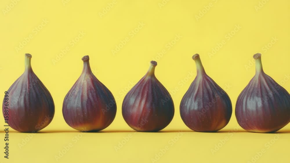 Poster A colorful image of multiple rows of figs arranged on a bright yellow background
