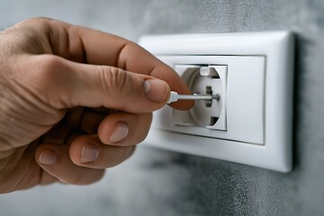 Electrician installing socket, holding screwdriver, inserting into outlet. Concept of electrician installing socket during renovation process, ensuring proper installation.