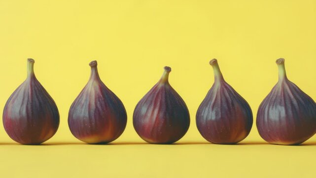 A colorful image of multiple rows of figs arranged on a bright yellow background