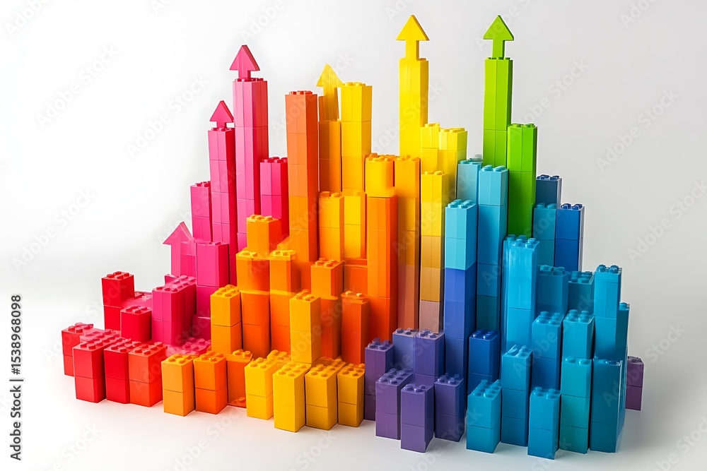 Poster a cartonic bar graph made from building blocks with arrows rising upward, symbolizing growth