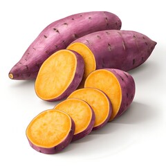Fresh Purple Sweet Potatoes Sliced and Whole Isolated on White Background