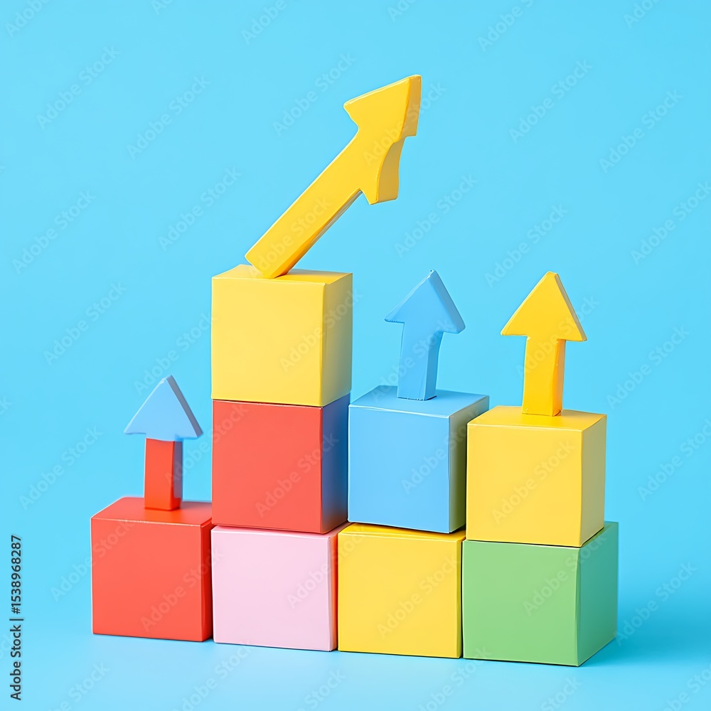 Poster a cartonic bar graph made from building blocks with arrows rising upward, symbolizing growth