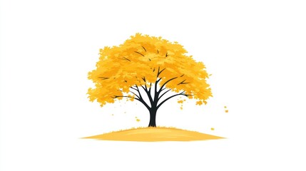 A solitary tree with radiant yellow foliage stands on a small, stylized grassy mound