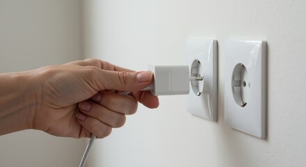 Hand plugging charger into white electrical outlet on wall  