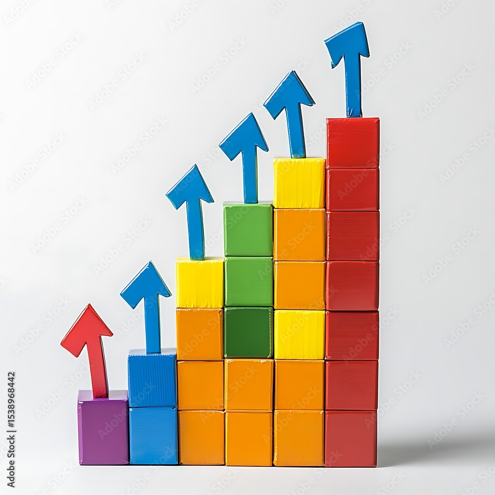 Poster a cartonic bar graph made from building blocks with arrows rising upward, symbolizing growth