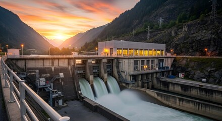 Hydroelectric power plant dam releasing water through spillways. Sustainable energy generation facility at sunset or sunrise.