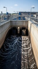 Water flowing into filtration vat at modern industrial wastewater treatment plant for environmental conservation.