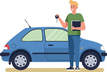 Young man holding car keys and tablet standing near blue compact hatchback vehicle vector illustration 