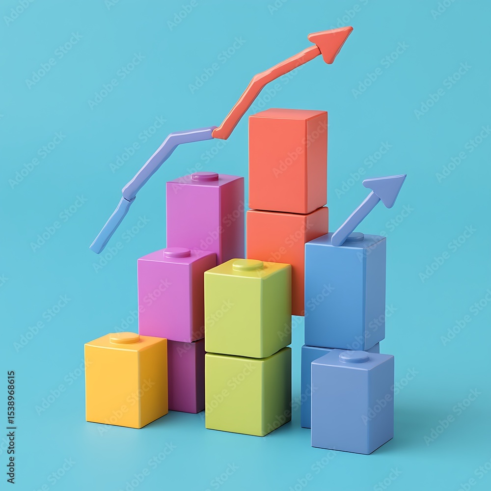Poster a cartonic bar graph made from building blocks with arrows rising upward, symbolizing growth