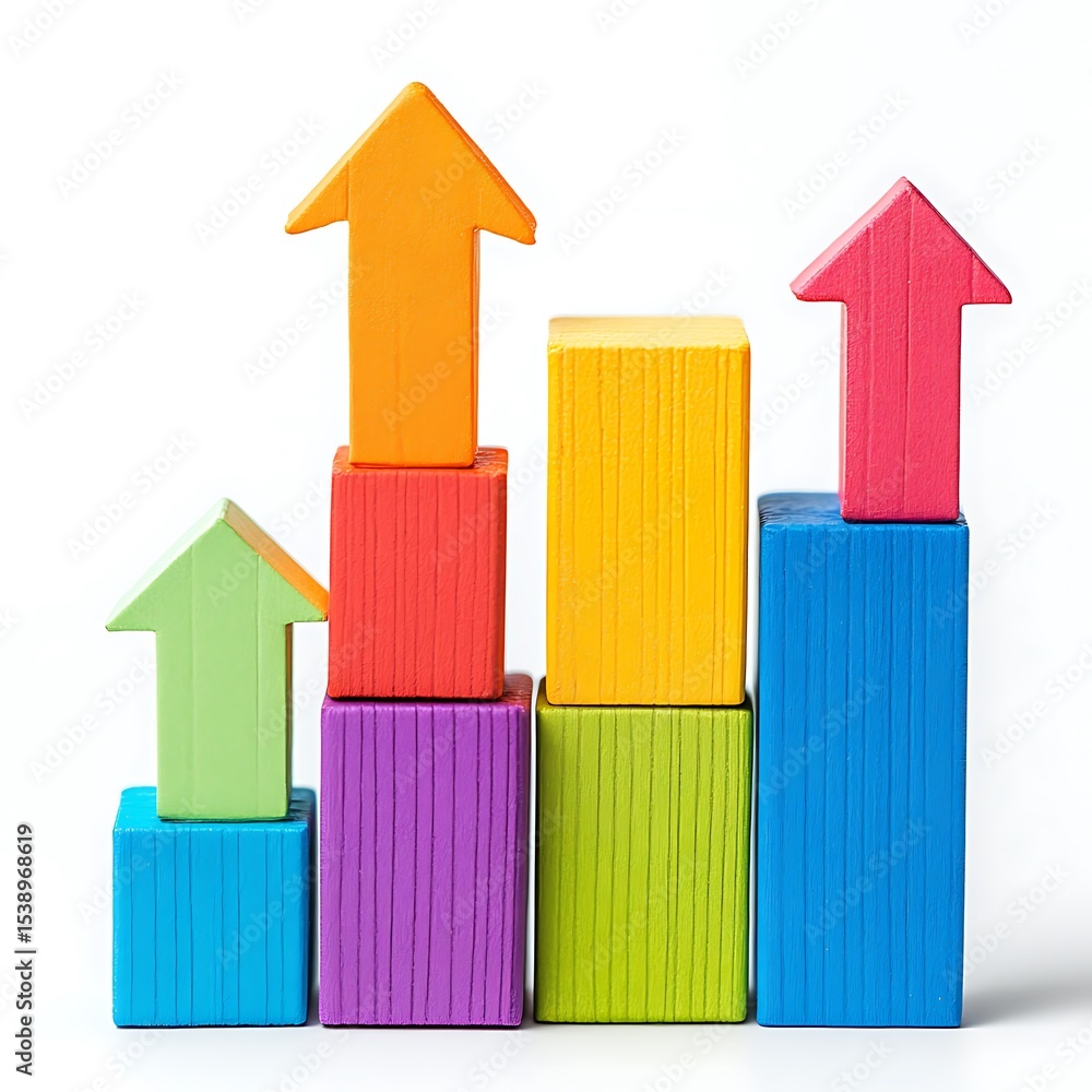 Poster a cartonic bar graph made from building blocks with arrows rising upward, symbolizing growth