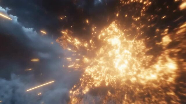 Fiery fragments scattering across dark, cloudy night sky, generating intense orange yellow glowing debris with explosive energy and dramatic destruction dynamics