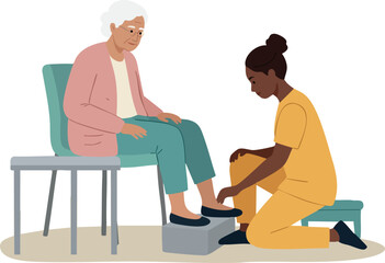 Healthcare worker assisting elderly woman with foot care in home setting vector illustration 