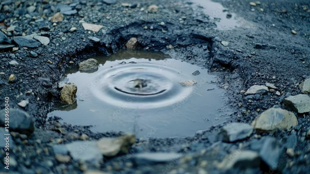 Poster a small pool of water sits on the edge of a road, reflecting the surrounding environment