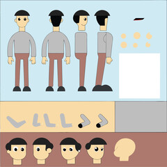 Vector cartoon man character sheet front side back and elements