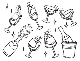 Set of glasses and bottle with champagne, wine. Party, New Year, Wedding. Vector doodle illustration