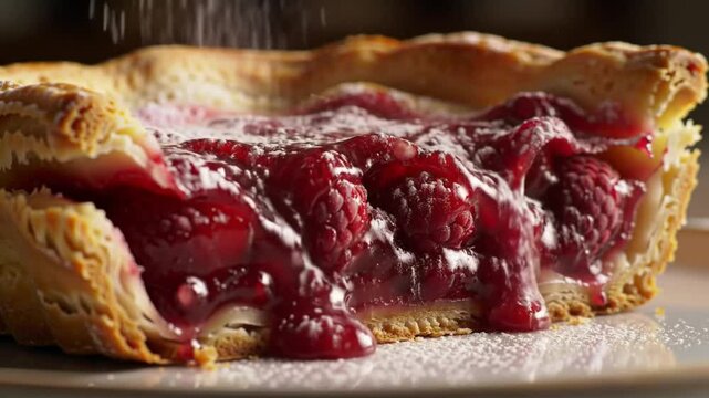 A piece of raspberry pie with falling sugar, red and gold in color, for dessert and baking concepts.