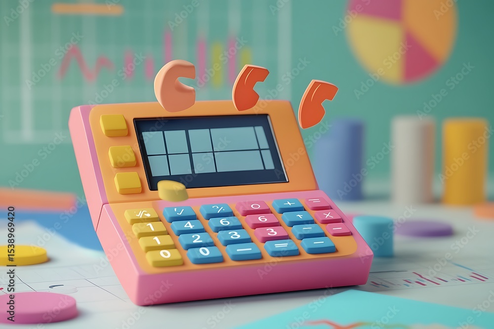 Poster a cartonic calculator with animated numbers popping out and charts behind, symbolizing accounting