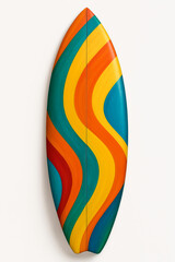 Colorful surfboard with retro striped design isolated on white background