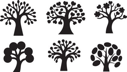 Set of Stylized Black and White Tree Silhouettes