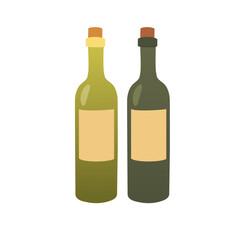 Vector Illustration of Two Glass Bottles with Labels and Cork Stoppers — Wine or Olive Oil — Isolated on White Background