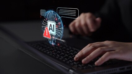 Naklejka na ściany i meble AI interface showing prompt error warning and system alert. AI prompt failure can lead to incorrect output or hallucination. Managing AI prompt error is crucial in safe AI deployment. Muxer
