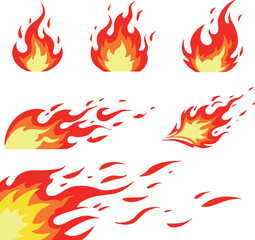 Fire flame icons and burning fire illustrations with red and yellow colors vector set 