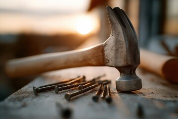 Closeup hammer and nails on wooden surface with screws. Concept of closeup hammer and nails highlights renovation process in cozy, warm lighting.