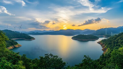 Scenic wide-angle of Lam Takhong Reservoir and wind turbines