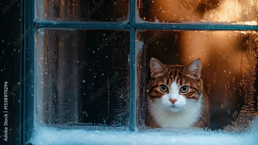 Poster A cat looking out into the snow-covered landscape from an open window