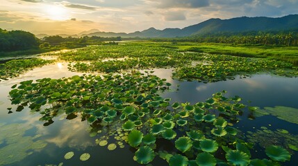 Aerial wide scene of Bueng Kan's wetlands and lotus fields