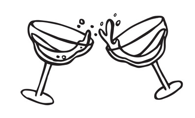 festive glasses of champagne, wine. vector illustration in doodle style. celebration, new year, wedding