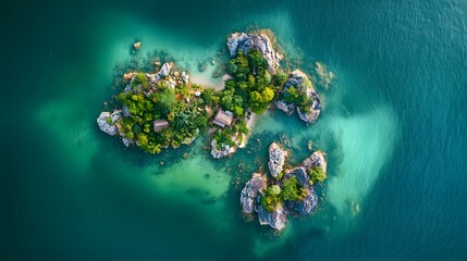 Aerial panoramic shot of Trang’s limestone islands